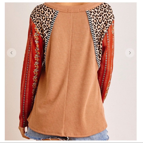 Aztec Mixed Print Contrast boho chic sleeve top - Picture 2 of 6